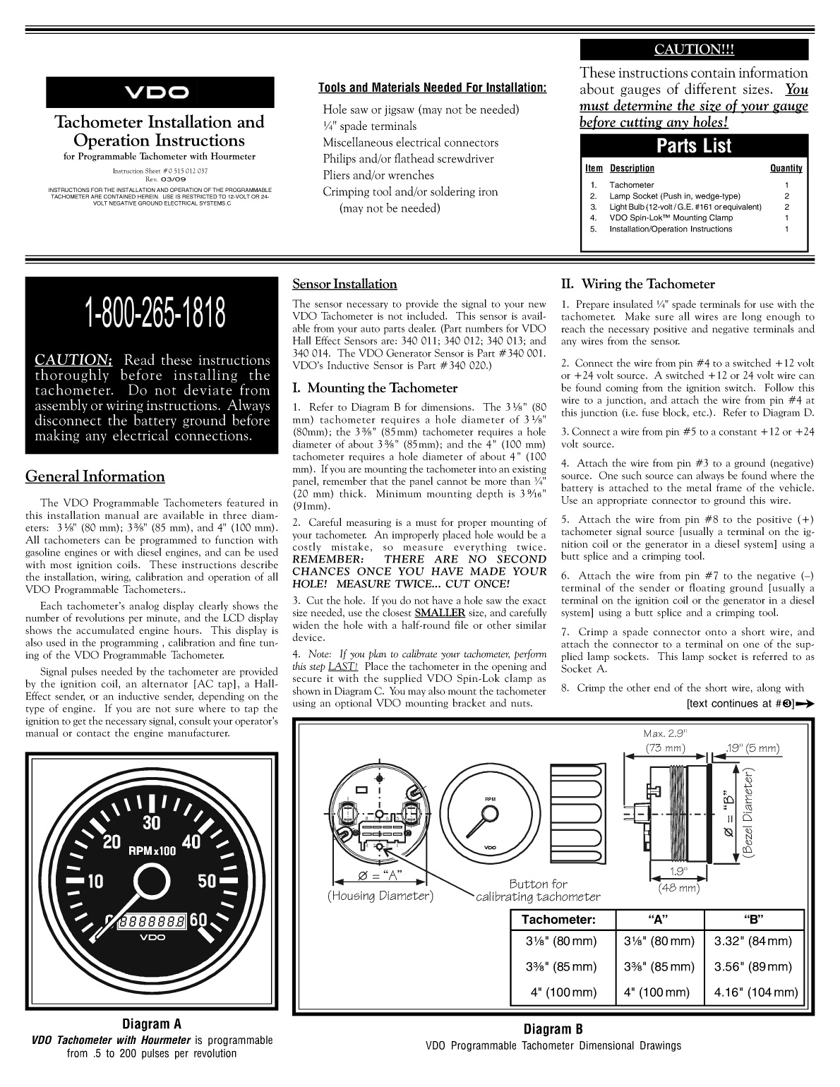 Vdo Programmable Tach With Hourmeter