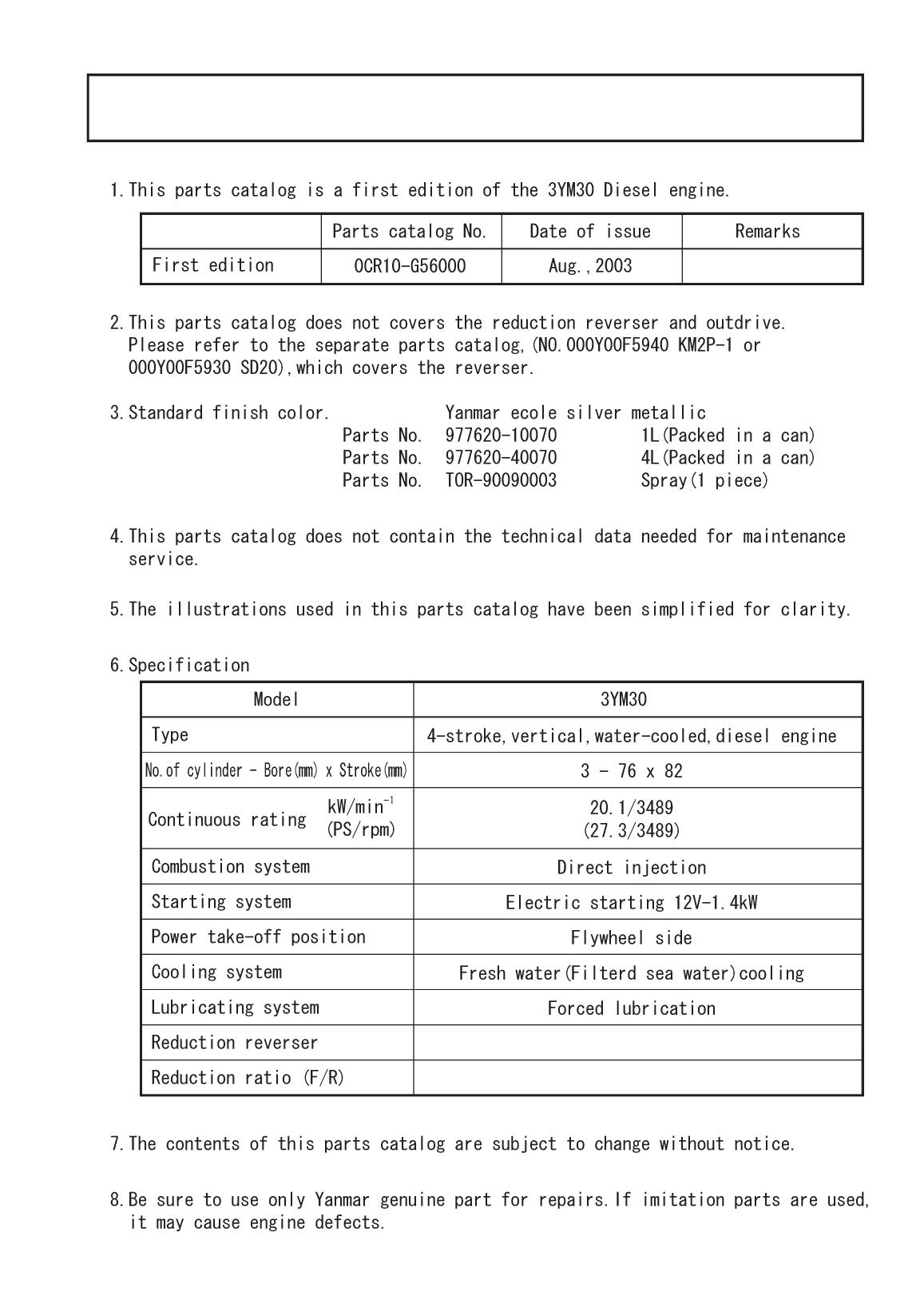 Yanmar 3ym30 Parts Catalog