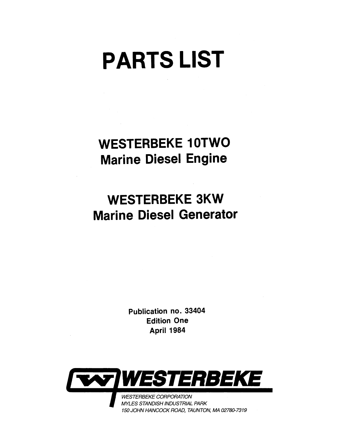 Westerbeke Diesel W 10 Two Operator's Manual