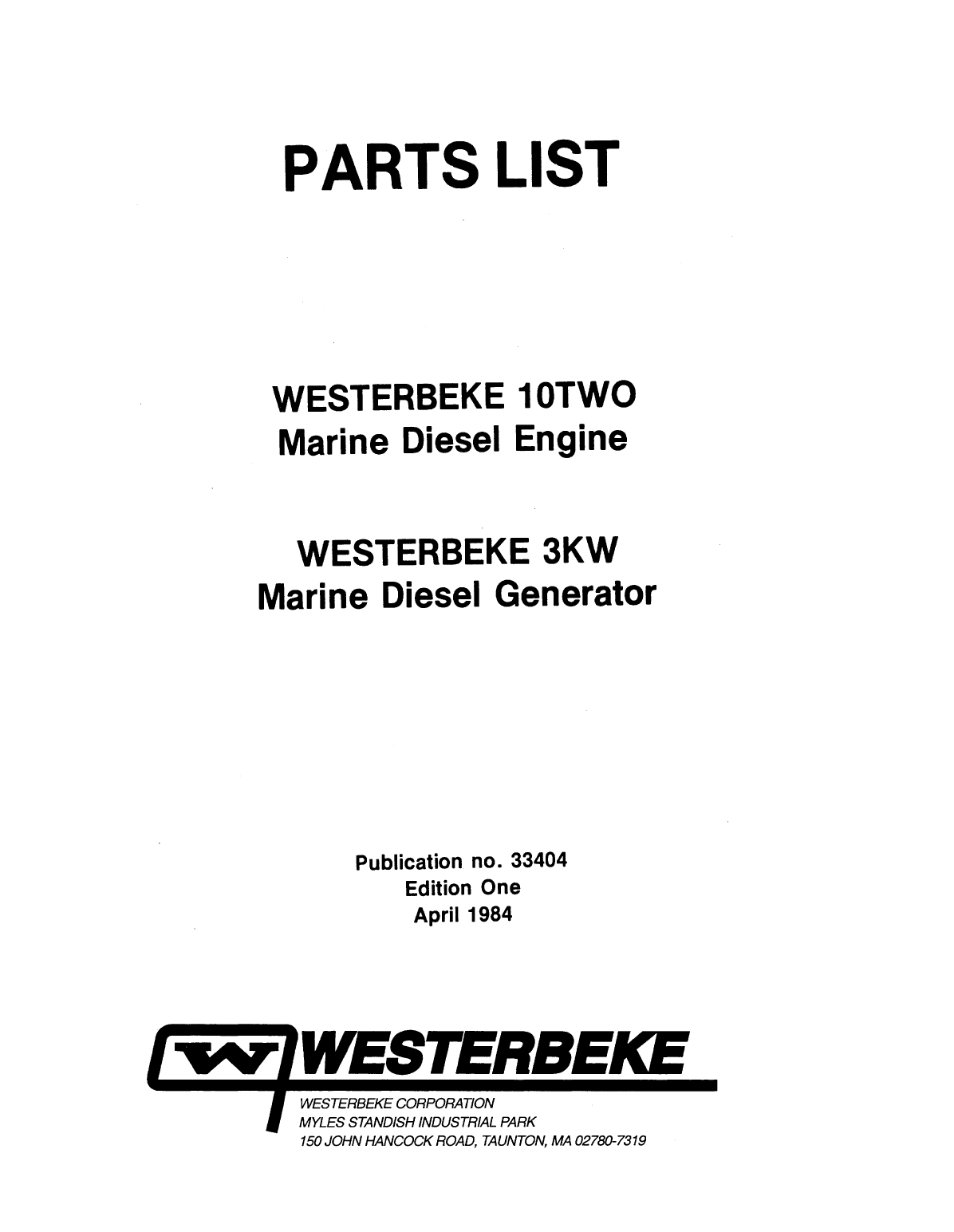 Westerbeke Diesel W 10 Two Operator's Manual