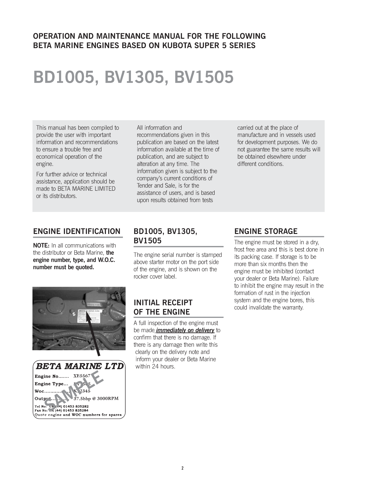 Beta Marinebd1005, Bv1303, Bv1505 Operators Maintanance Manual