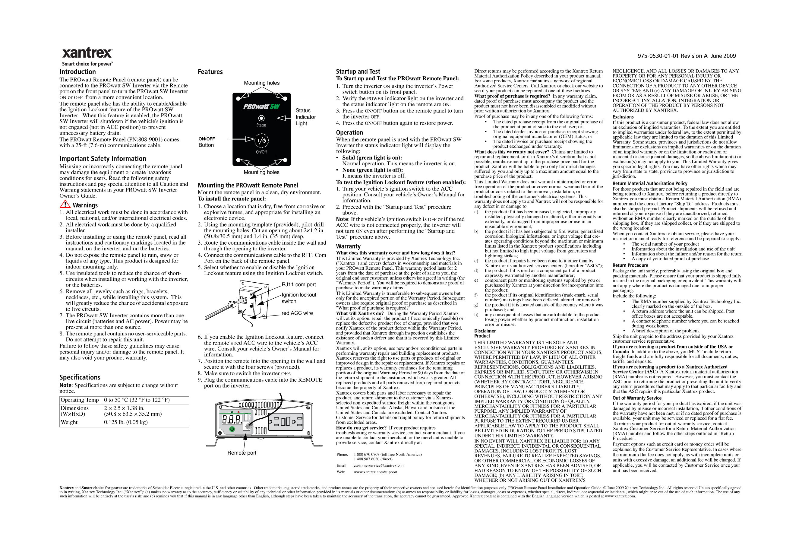 Xantrex Pro Watt Remote 975 0530 01 01 Rev a