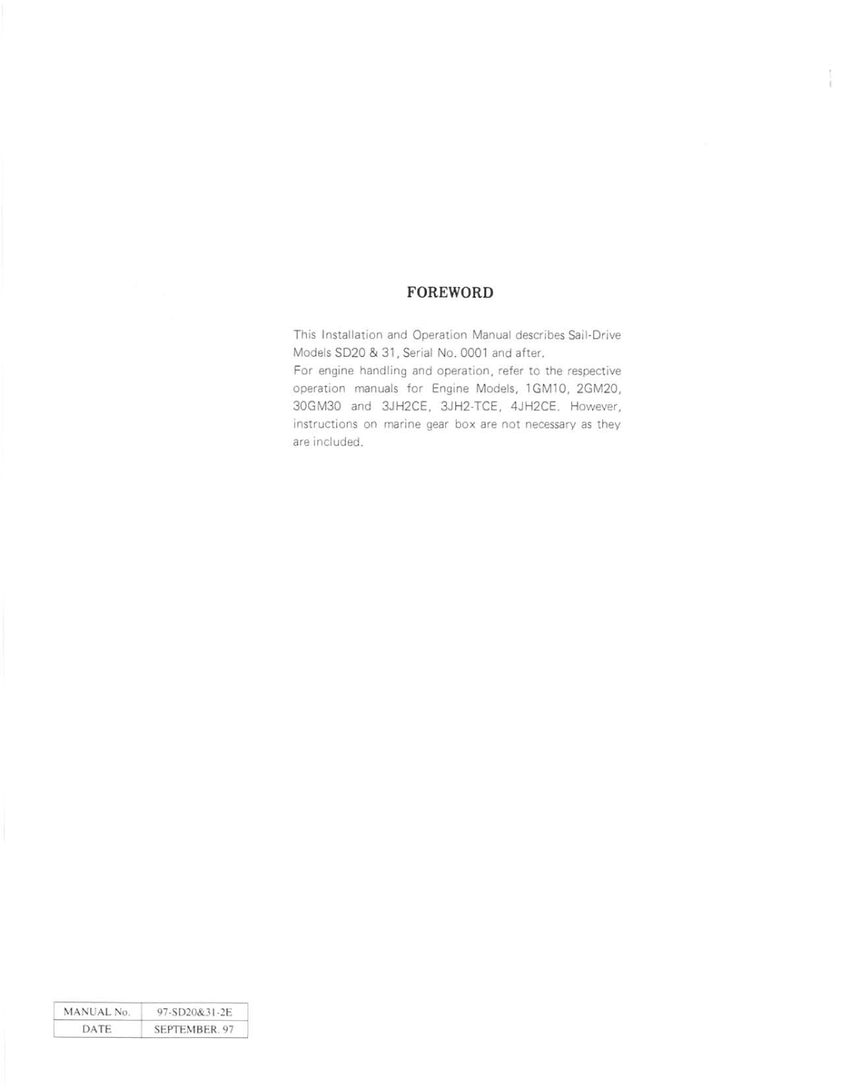 3ym30 sd: Yanmar Saildrive Engine 29hp/22.1kw Owners Manual