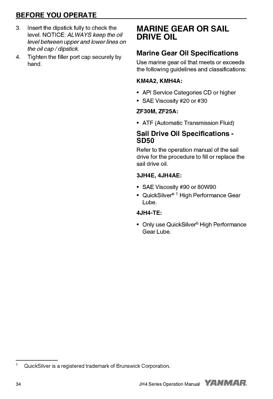 '4jh4 hte: Yanmar Inboard Engine 110hp/80.9kw Owners Manual'