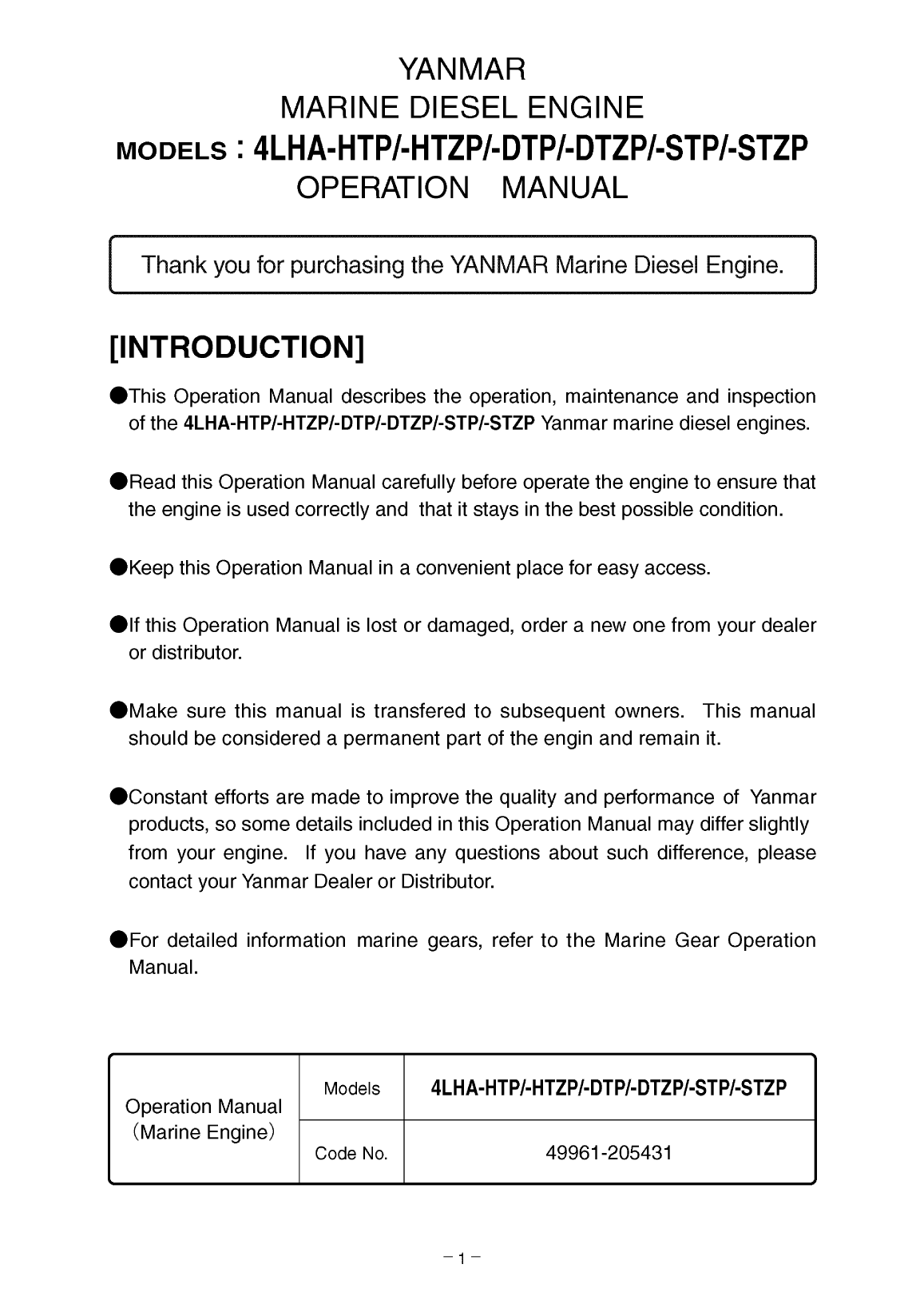 '4lha stzp: Yanmar Diesel Sterndrive Engine 240hp/179kw Bravo 1 Owners Manual'