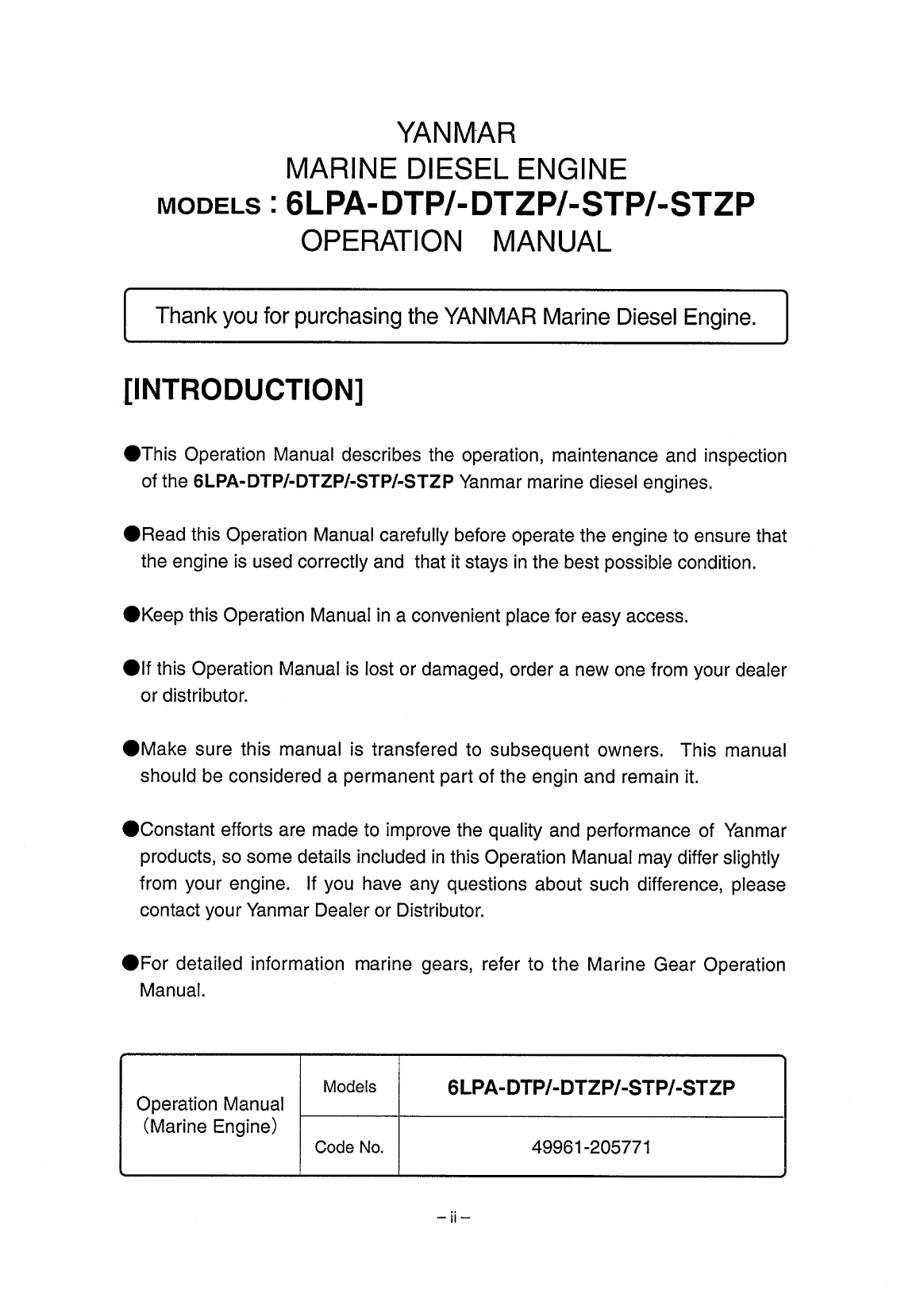 6lpa stzp: Yanmar Diesel Sterndrive Engine 315hp/232kw Bravo 3 Owners Manual