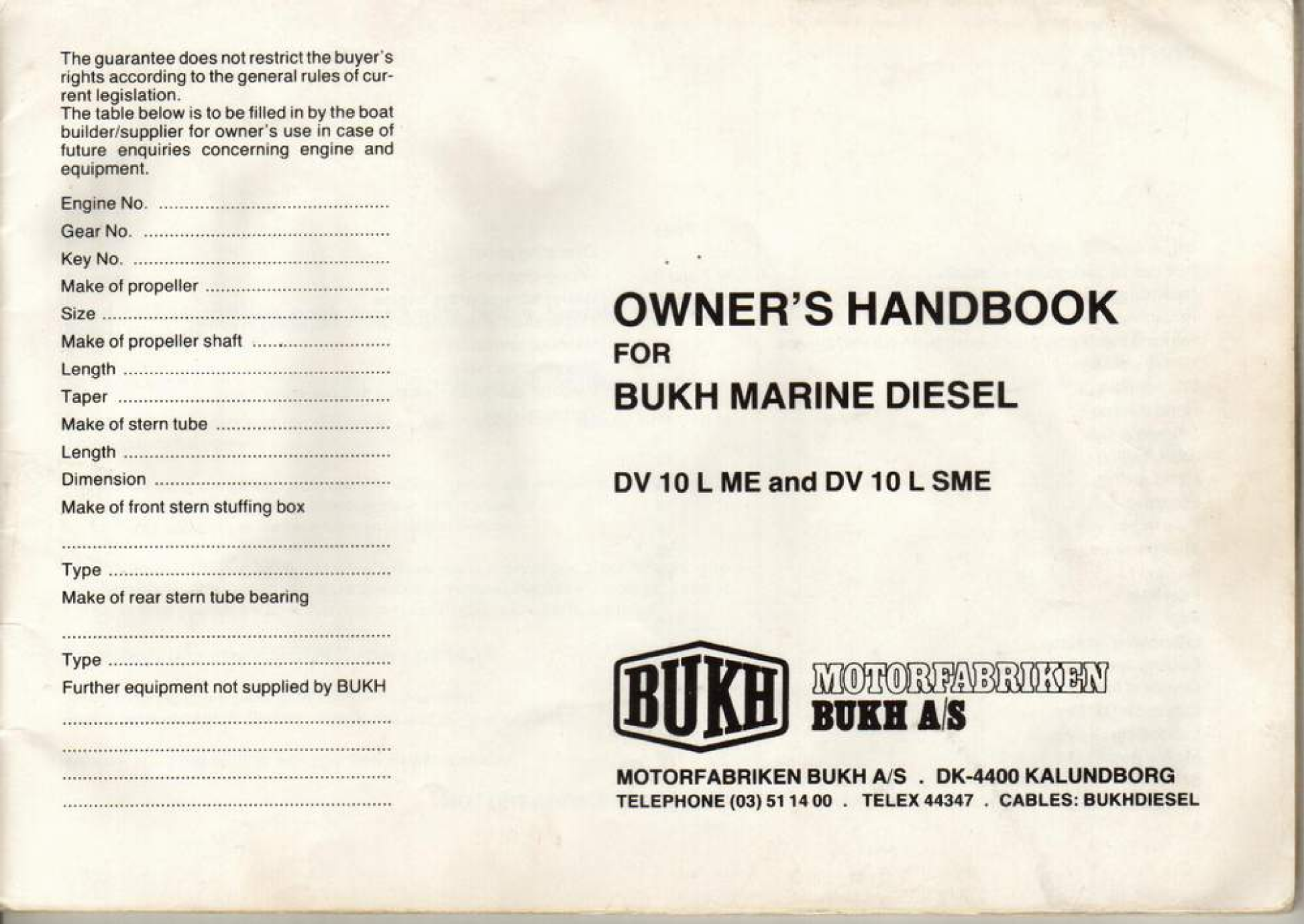 Bukh Diesel Dv10 L Me Sme Owners Handbook