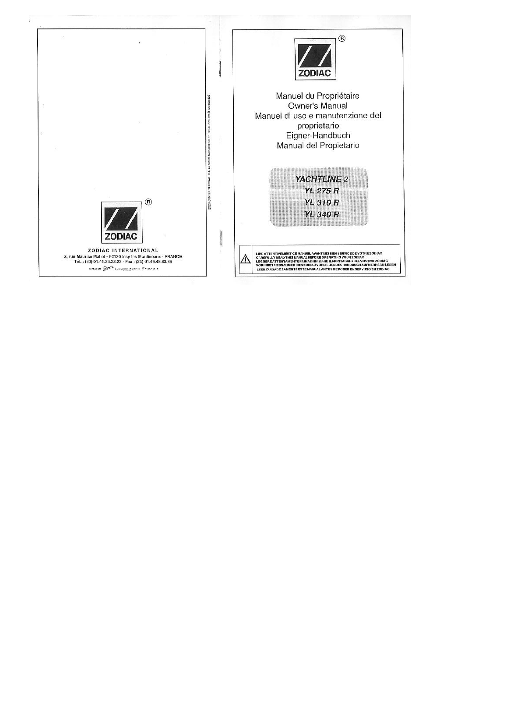 ' Zodiac Yl 275 310 340 Owner's Manual'