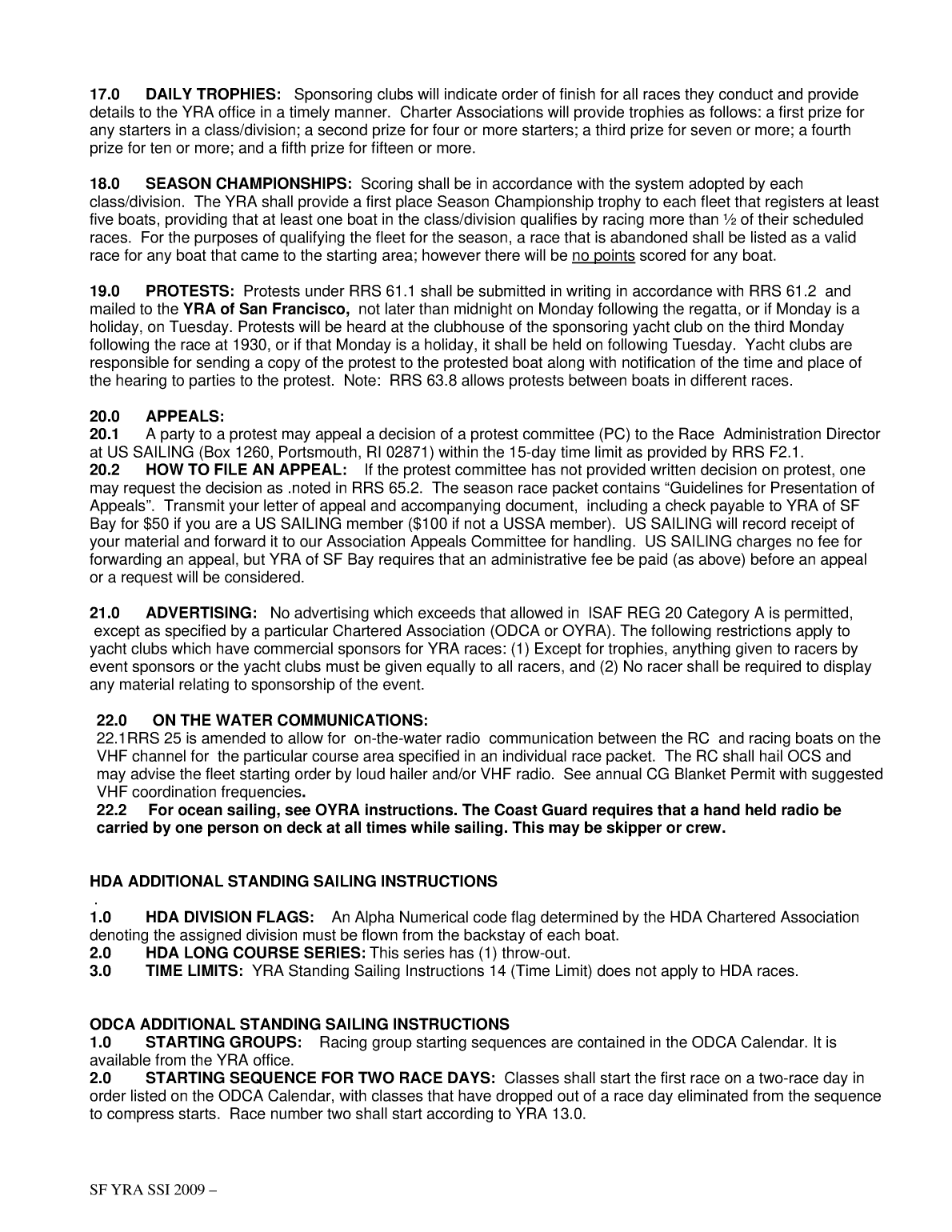 Sailing Instructions For The Yacht Racing Association Of San