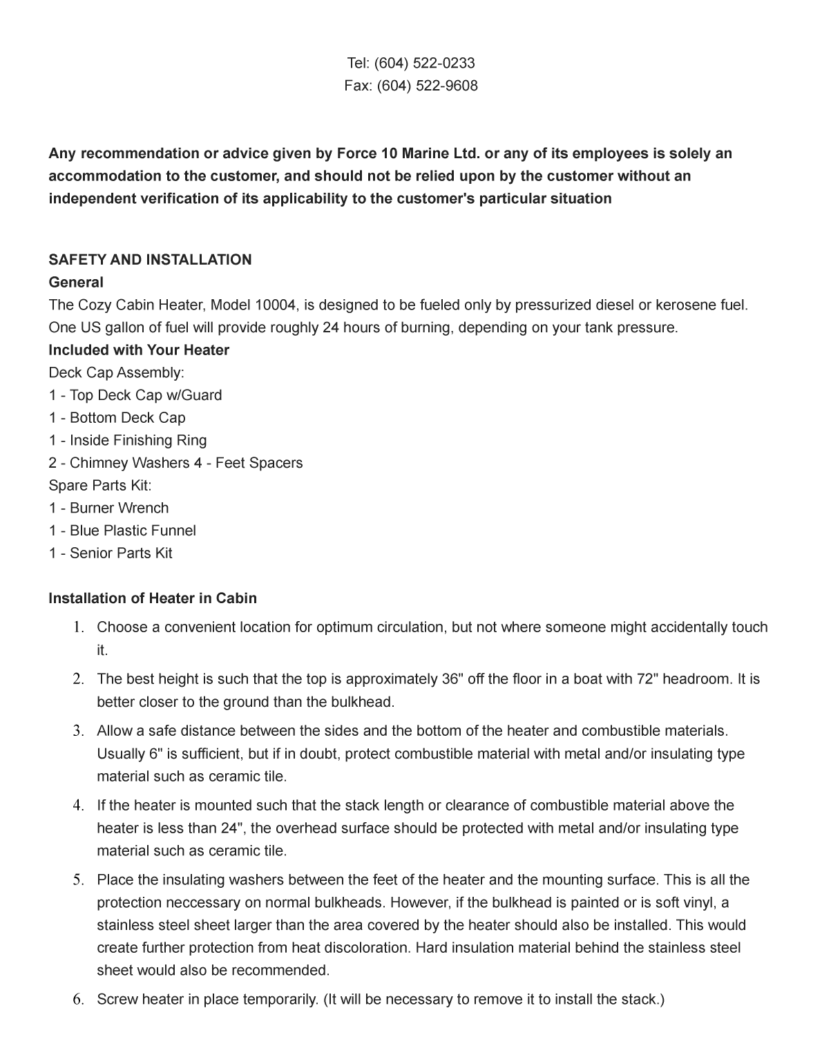 Force 10 Heater Instruction Manual