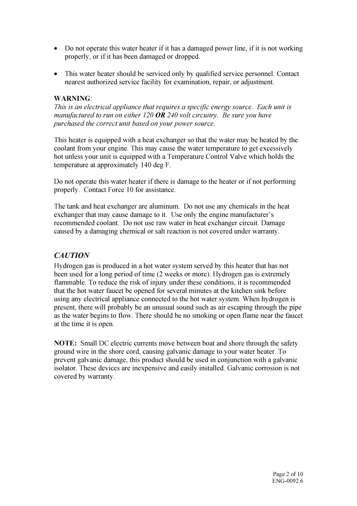 Force 10 Water Heater Manual
