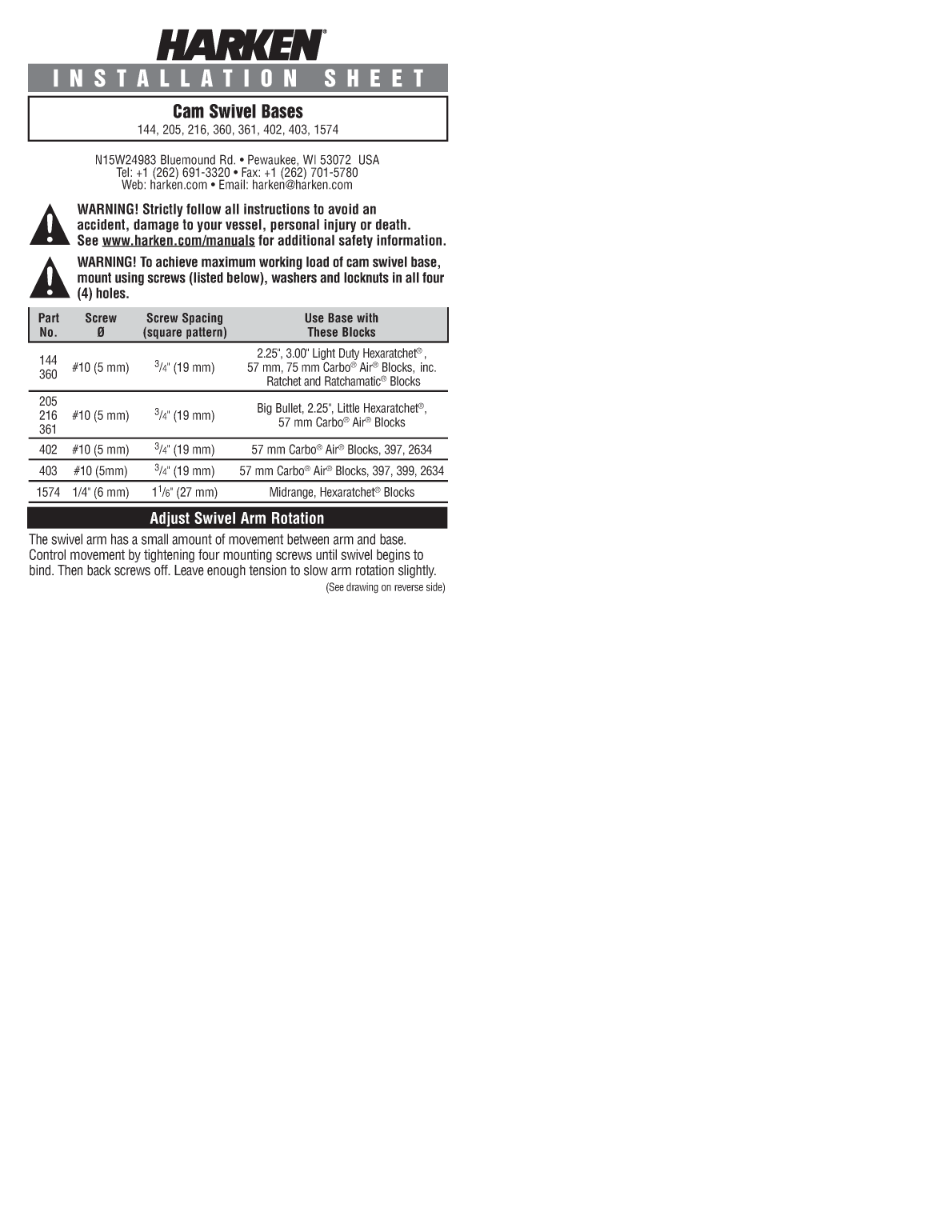 Harken 144 Standard Cam Base Swivel Installation Sheet