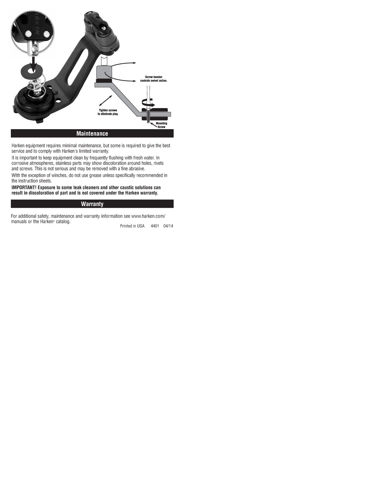 Harken 144 Standard Cam Base Swivel Installation Sheet