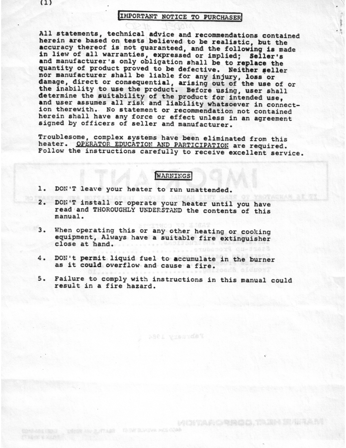 Hi Seas Diesel Heater Owner's Manual, Model 100 c 8