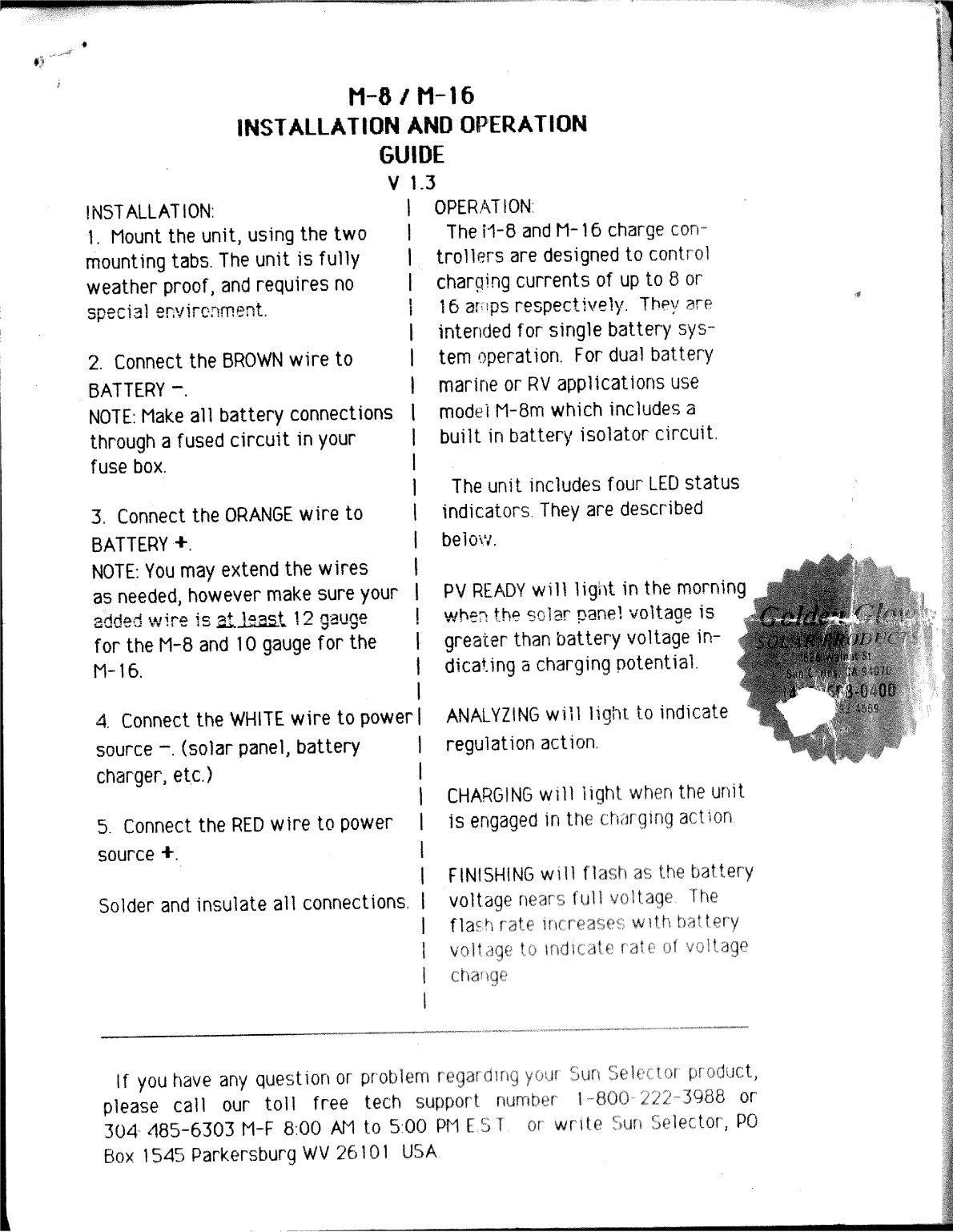 M8 m16 Solar Charger Control Manual