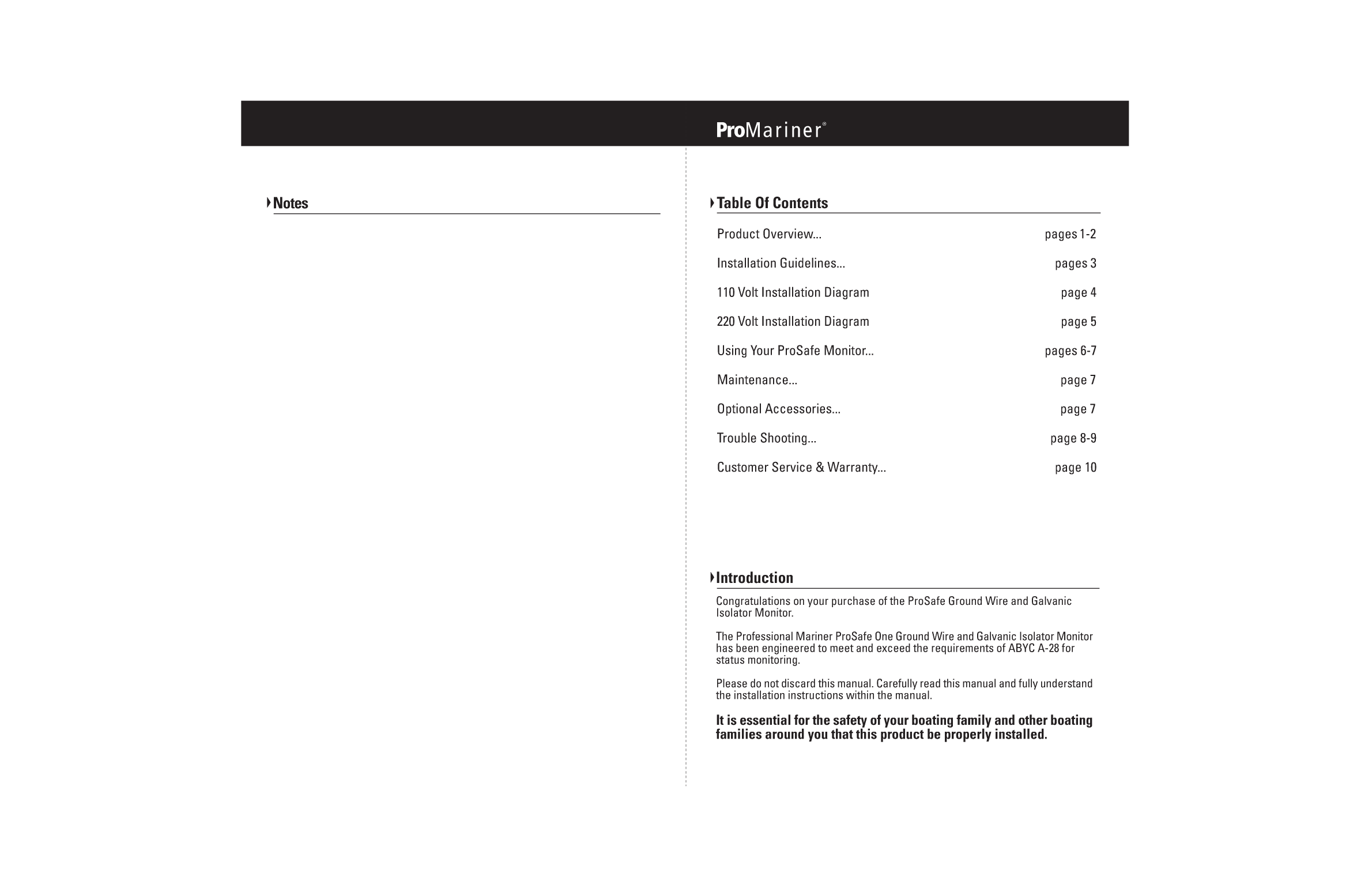Pro Mariner Pro Safe One Galvanic Isolator & Monitoring Panel Manual