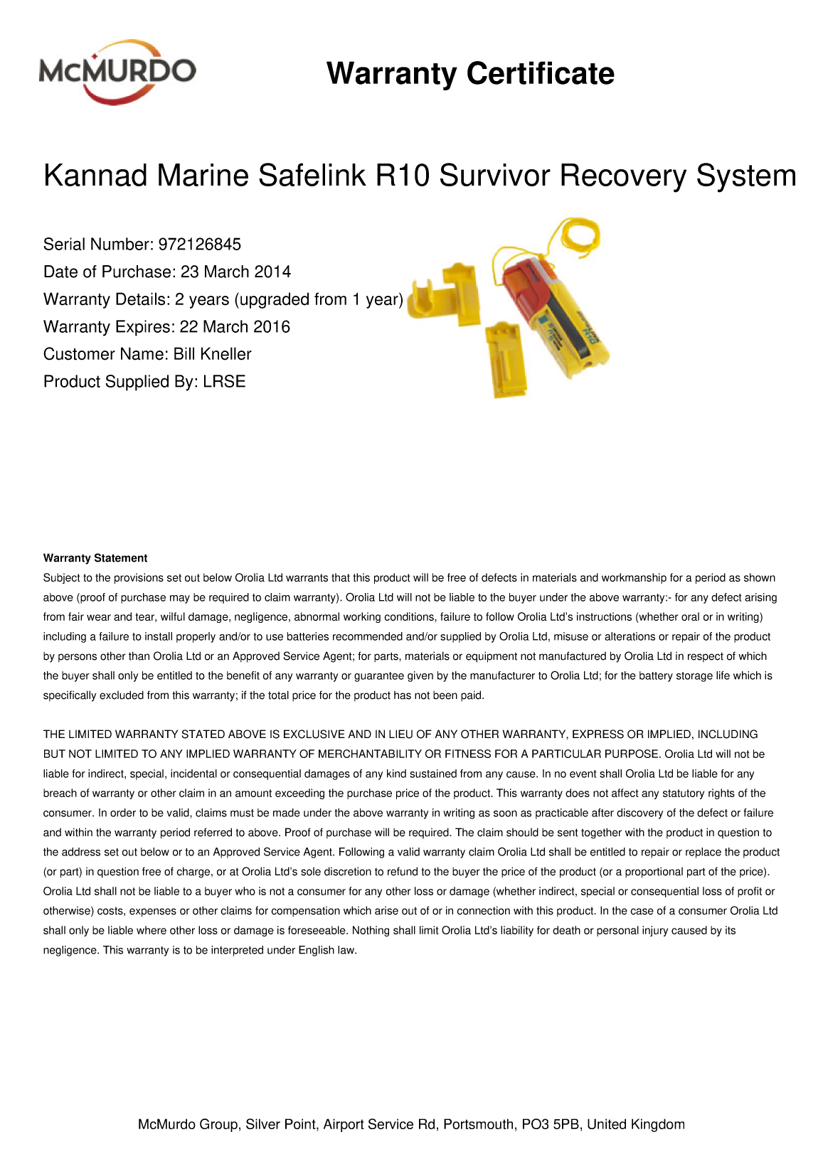Safelink R10 Warranty Certificate