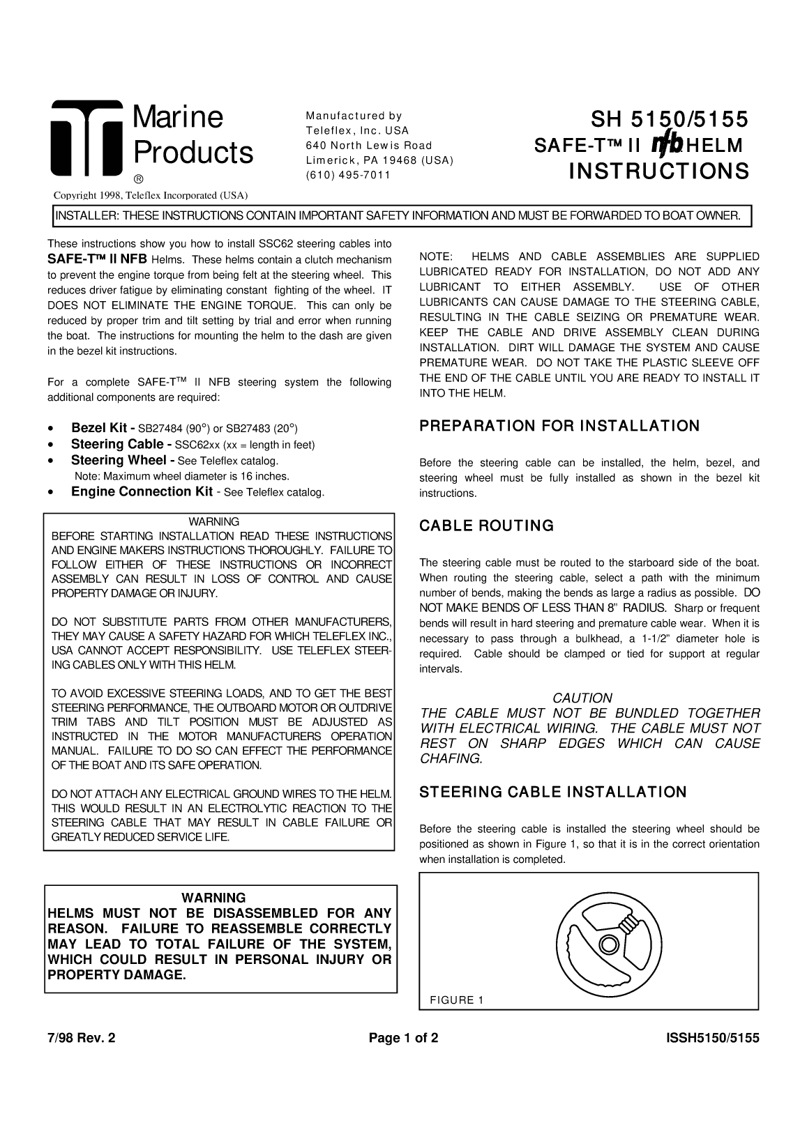 Teleflex Nfb Safe T Ii Steering System Instruction Manual