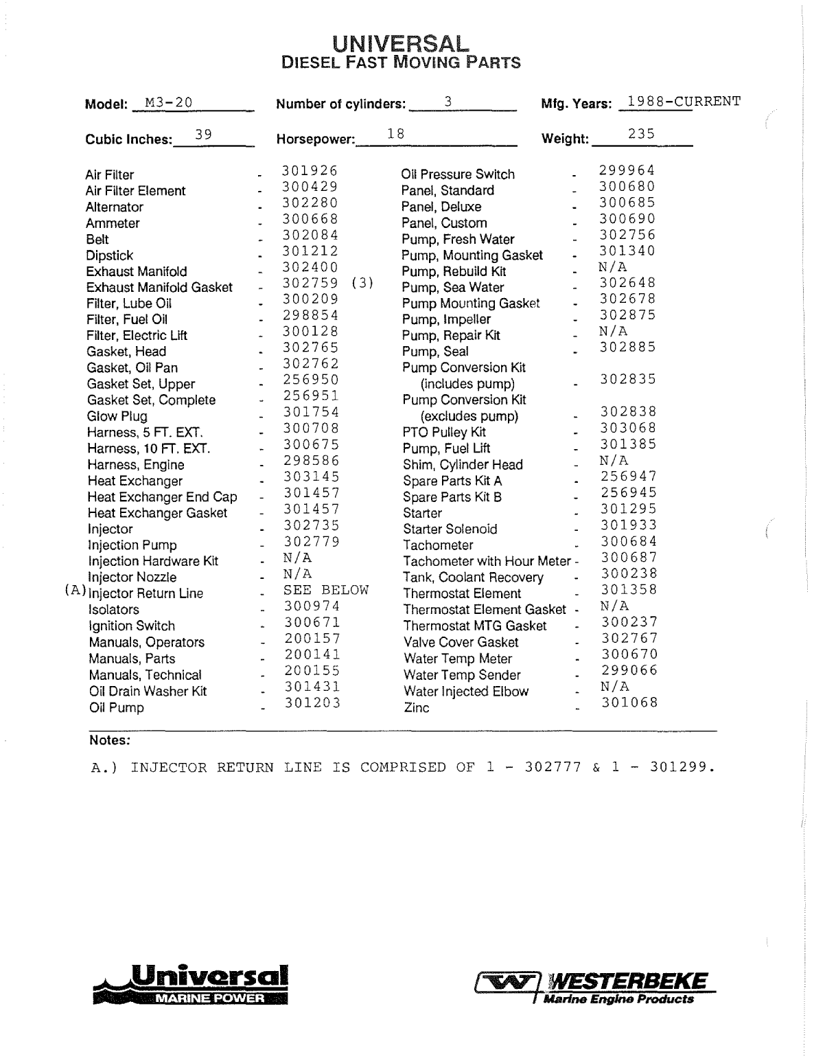 Universal Diesel M3 20 Parts Manual