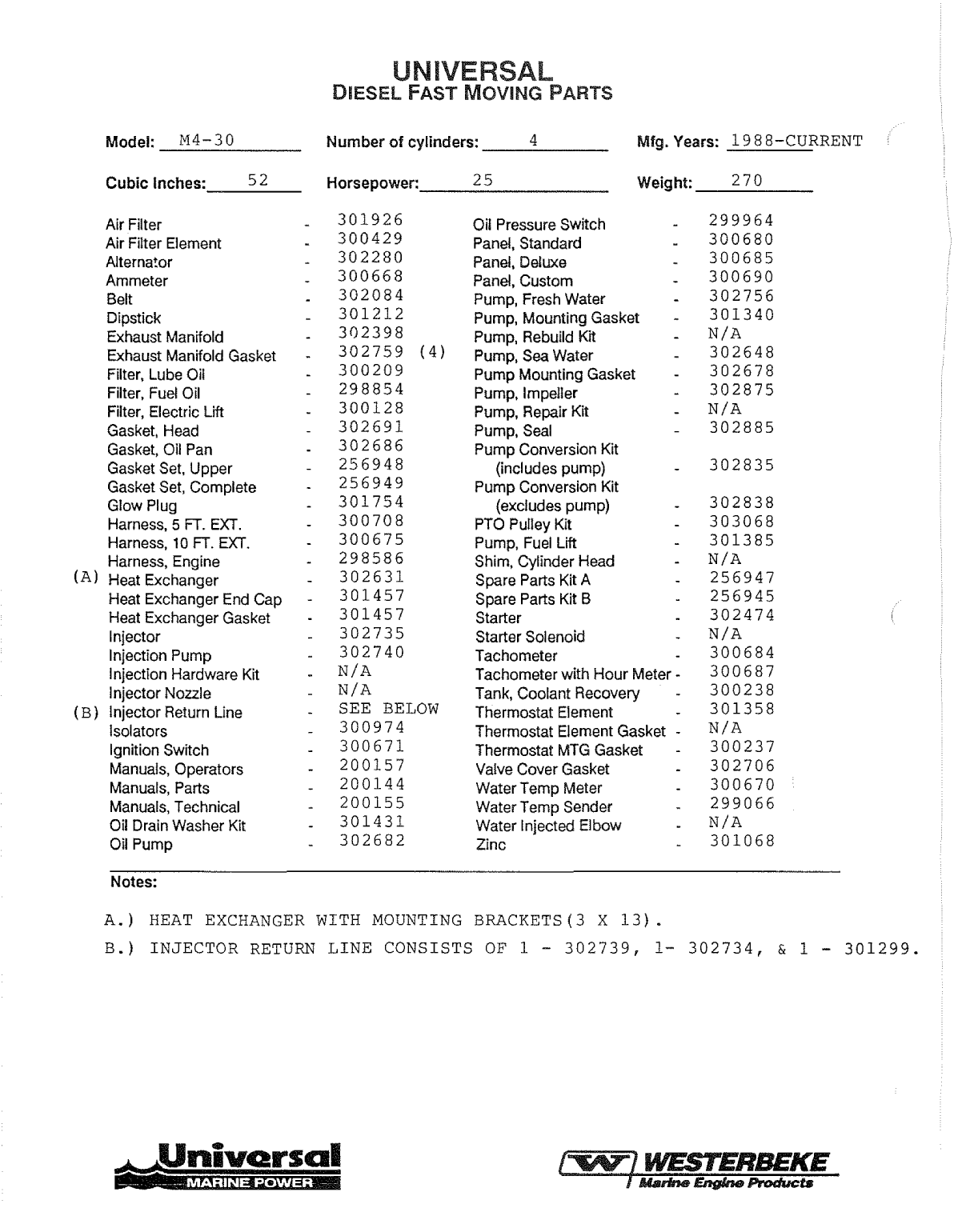 Universal Diesel M4 30 Parts Manual