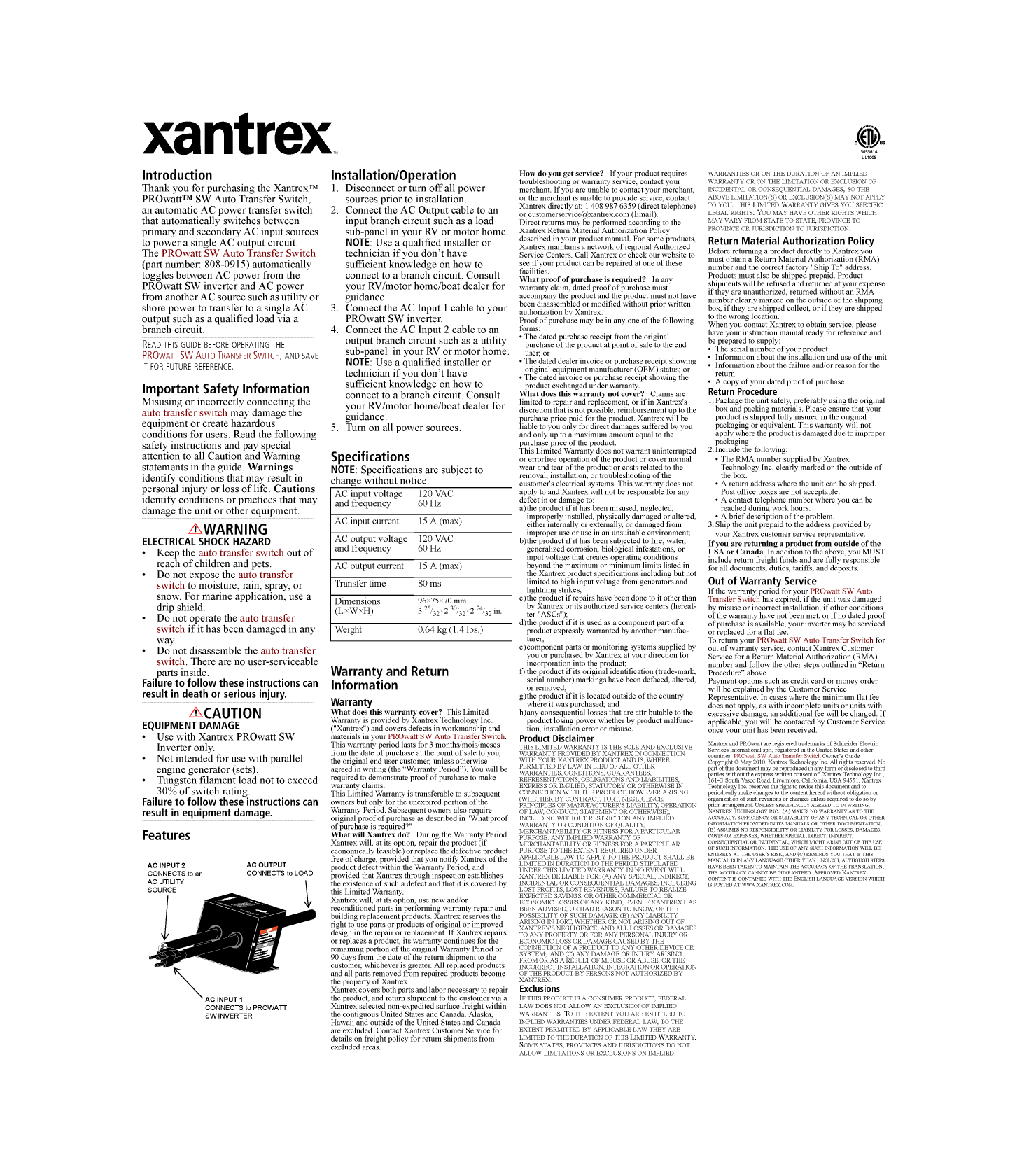 Xantrex Auto Transfer Switch 975 0588 01 01 Rev a