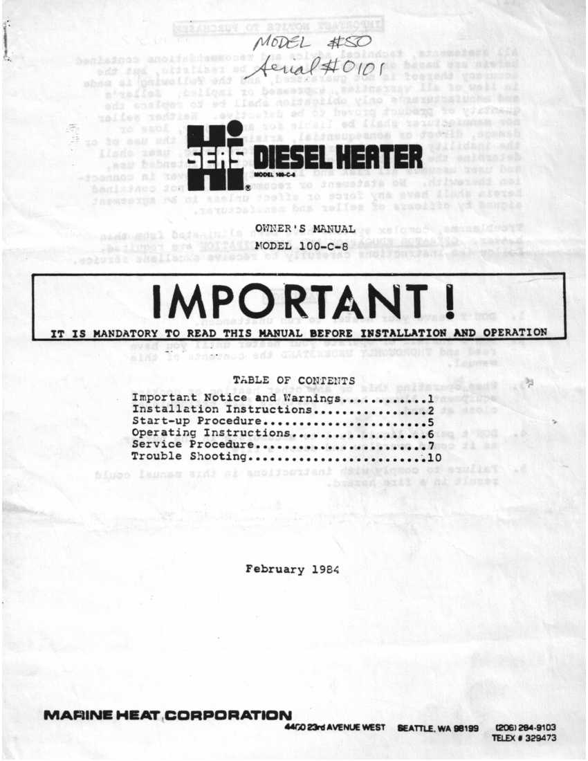   Hi  Seas  Diesel  Heater  Owner  Manual,  Model 100 c 8 manual page 1