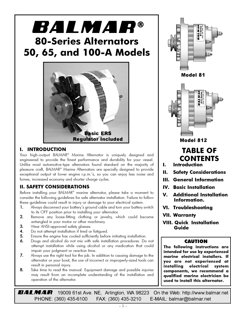  Balmar 8  Series  Alternator  Manual manual page 1