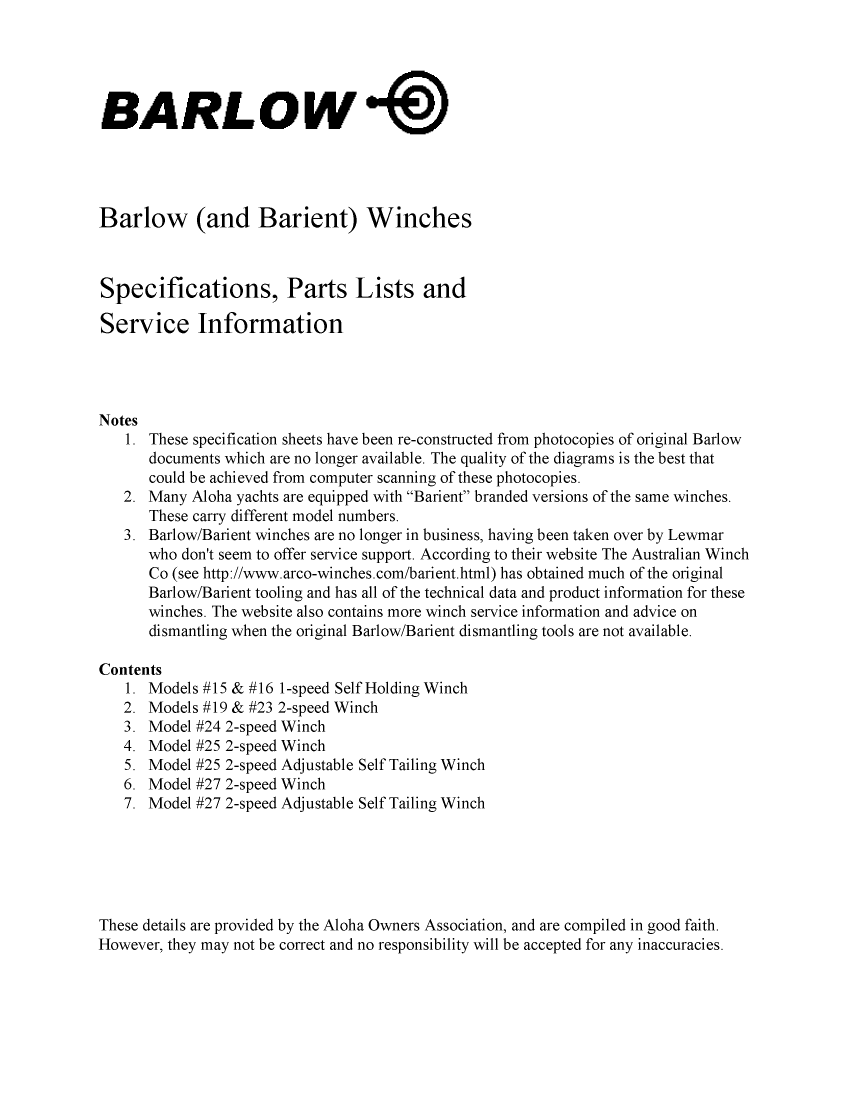  Barlow  Barient  Winches manual page 1