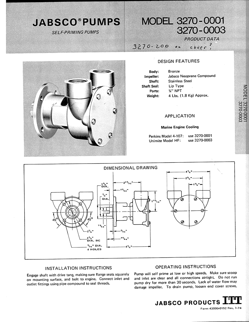   Jabsco  Engine  Raw  Water  Pump  Model 3270 manual page 1
