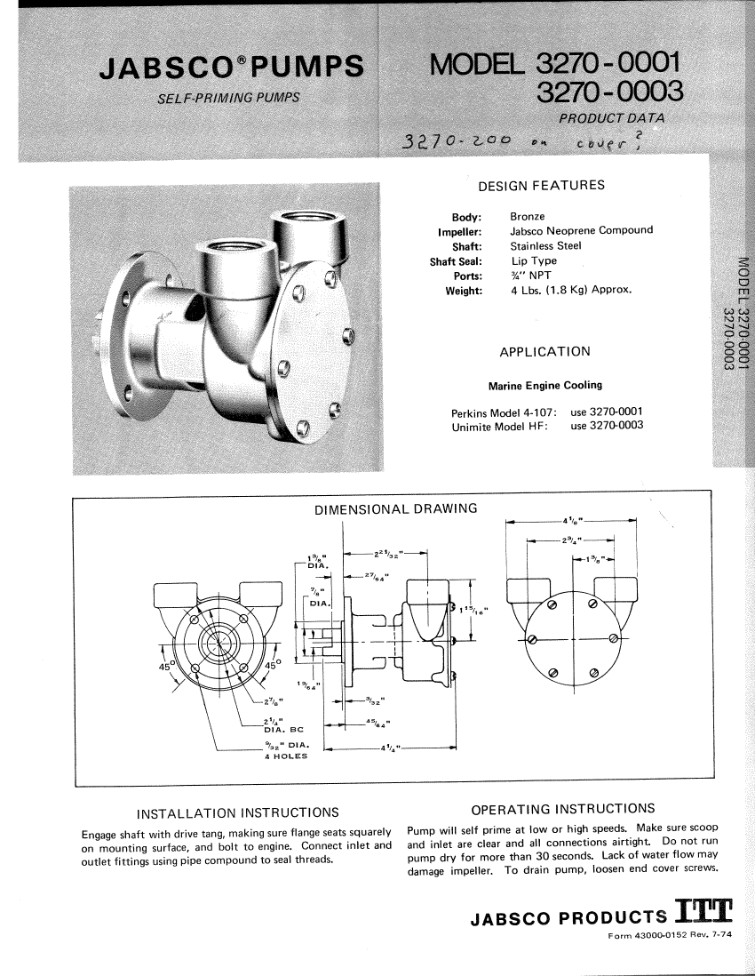  Jabsco  Engine  Raw  Water  Pump  Model 3270 manual page 1
