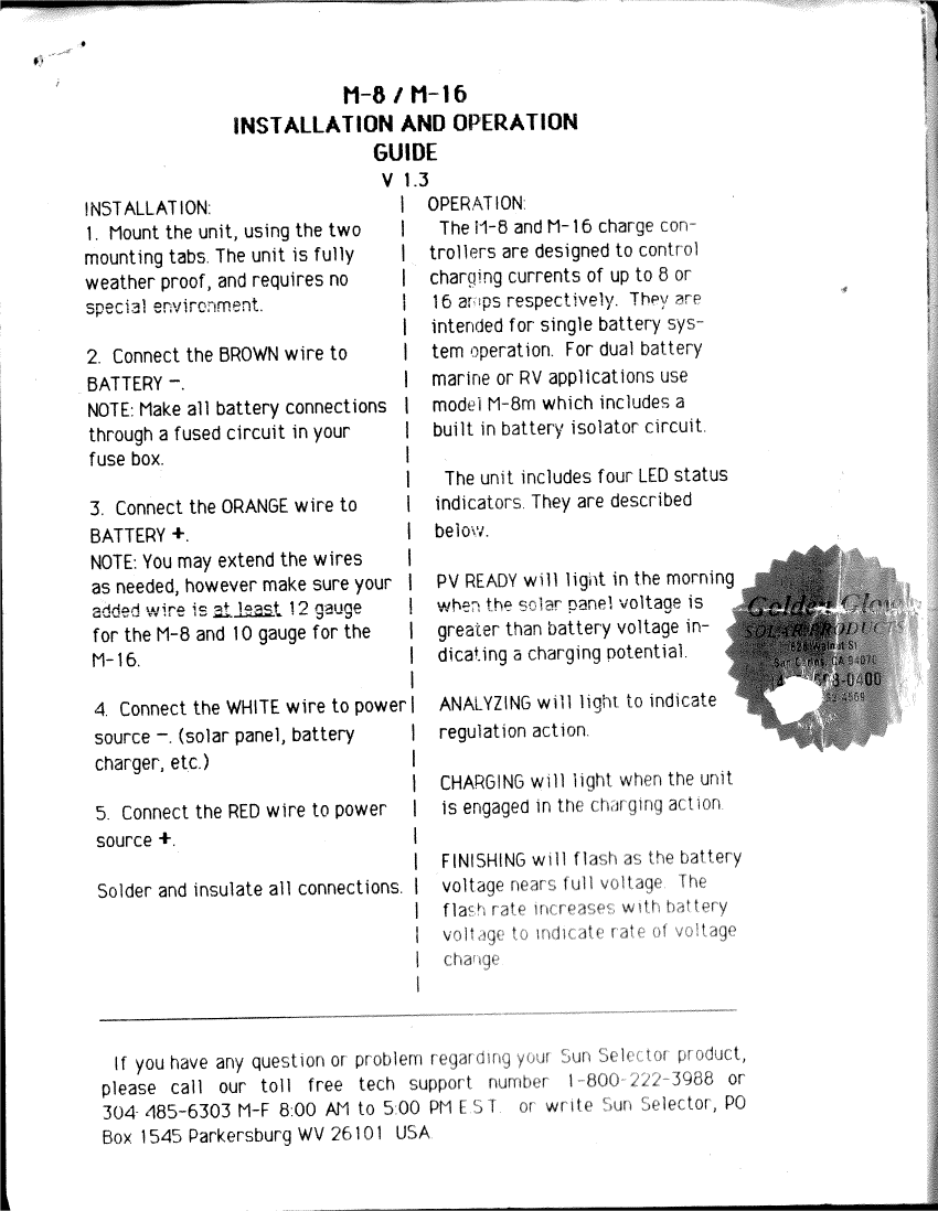 m8 m16  Solar  Charger  Control  Manual manual page 1