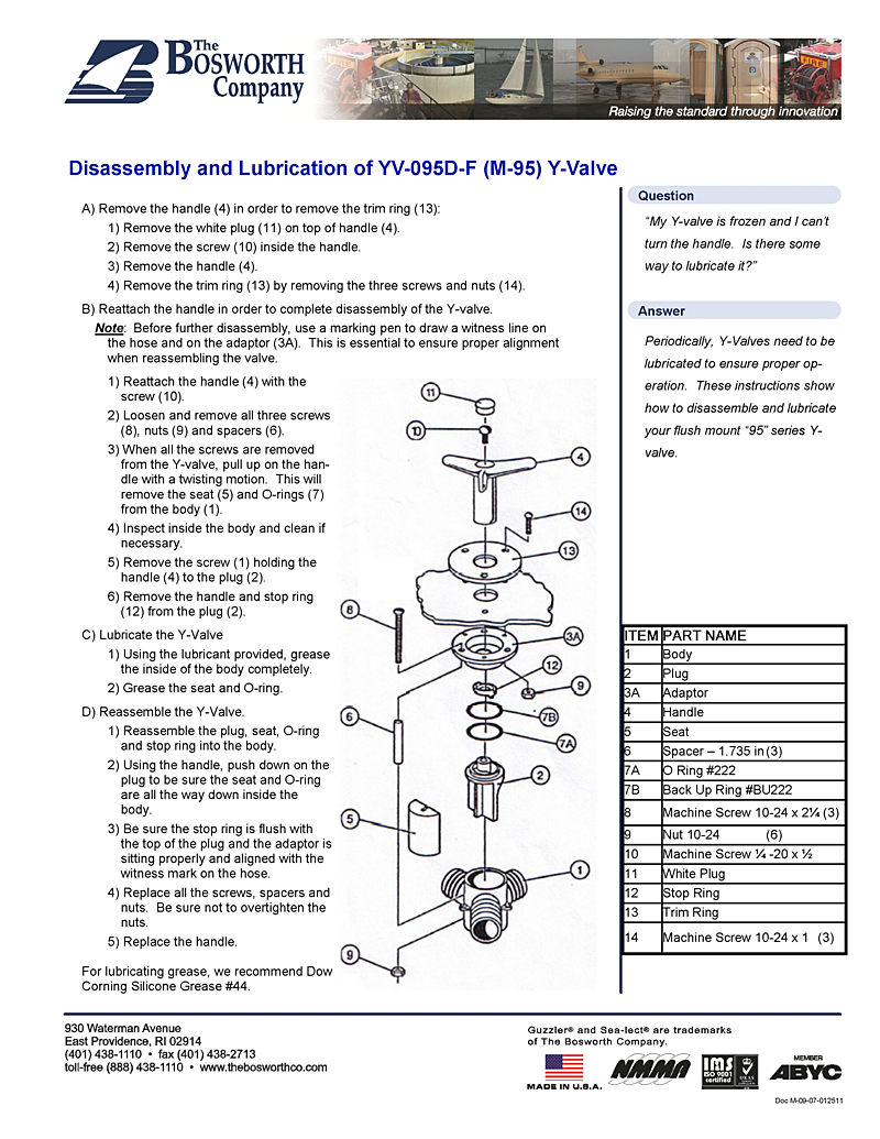  Bosworth Sea lect Flush Mount Y valve M 95 Disassembly And Lubrication manual page 1