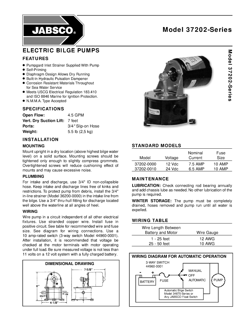  Jabsco: 43000 0101 Ds    Jabsco 37202 Electric Bilge Pump manual page 1