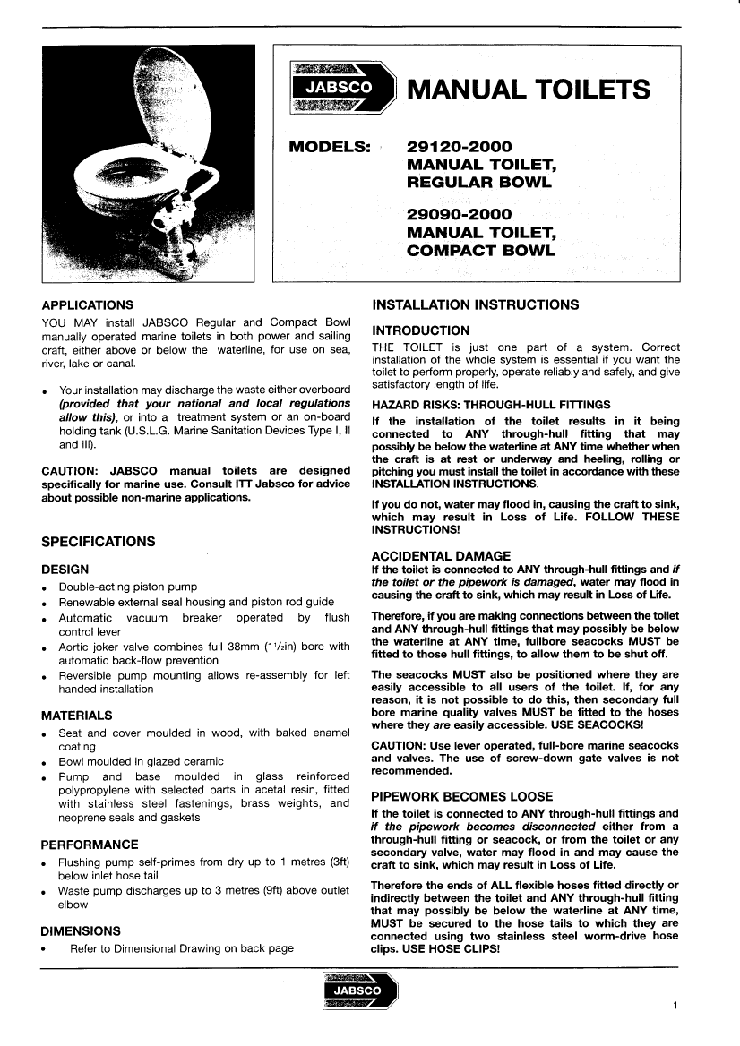  Jabsco:  Manual Toilets user    Jabsco 29120 manual page 1