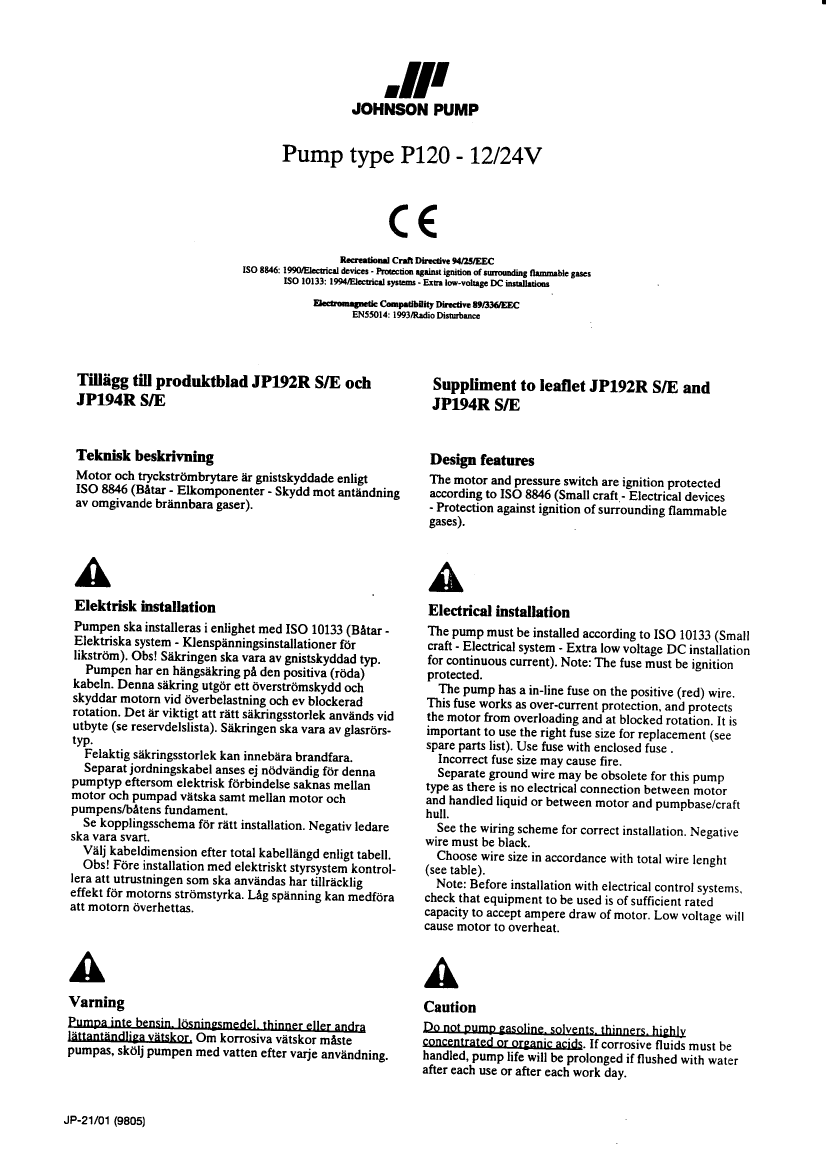  Johnson: P120 suppl    Johnson Pump Suplement To Leaflet Jp192r manual page 1