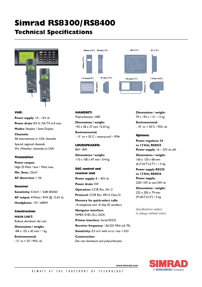 simrad: Rs8300 83400   Simrad Rs8300/rs8400 Technical Sp manual page 1