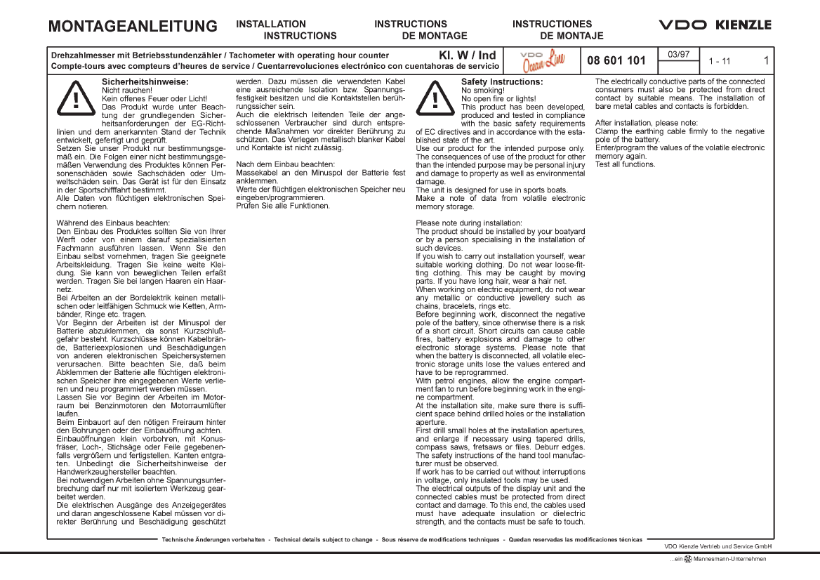  Volvo/md20x0: Tachometer   Vdo  Kienzle 08 601 101 Tachometer Installation manual page 1
