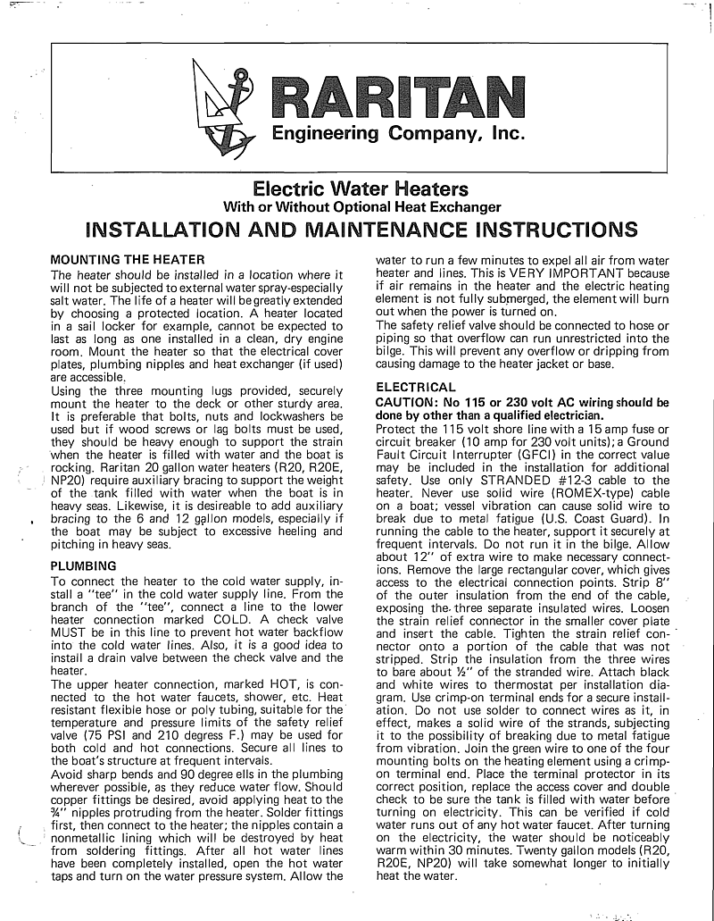   Raritan  Electric Water Heater manual page 1