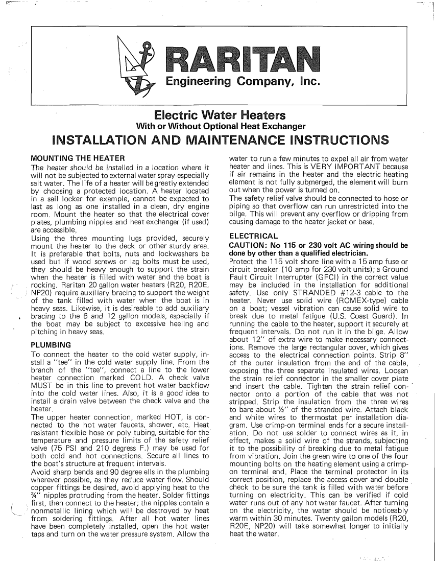   Raritan  Electric Water Heater manual page 2