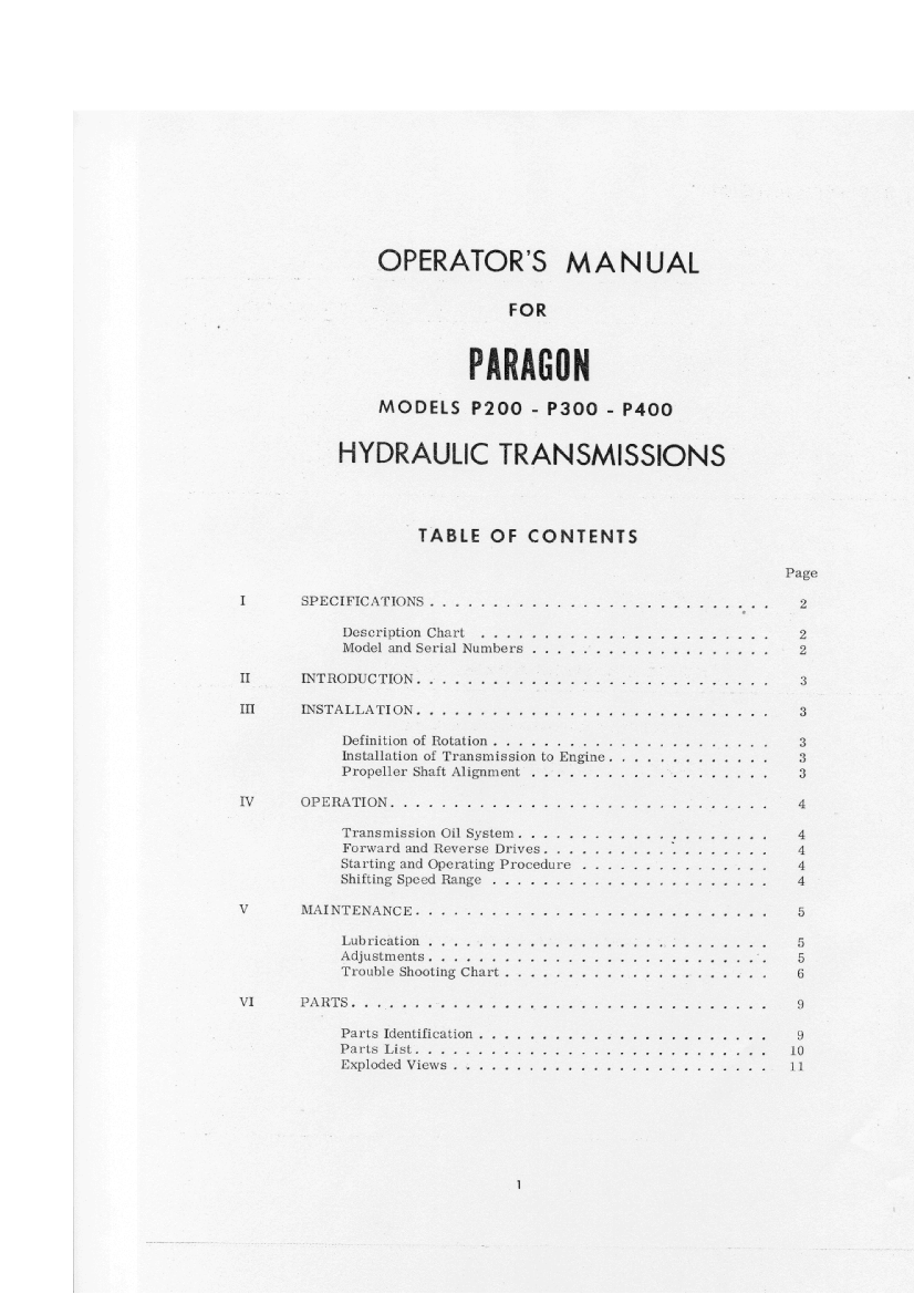  Paragon  Hydraulic  Transmission  Models P200 P300 P400  Workshop  Manual manual page 3